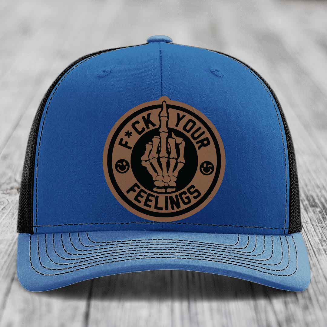 F*ck Your Feelings - Leather Patch Hat - Dark Brown to Black Patch - Richardson 112 Snapback Trucker Hat