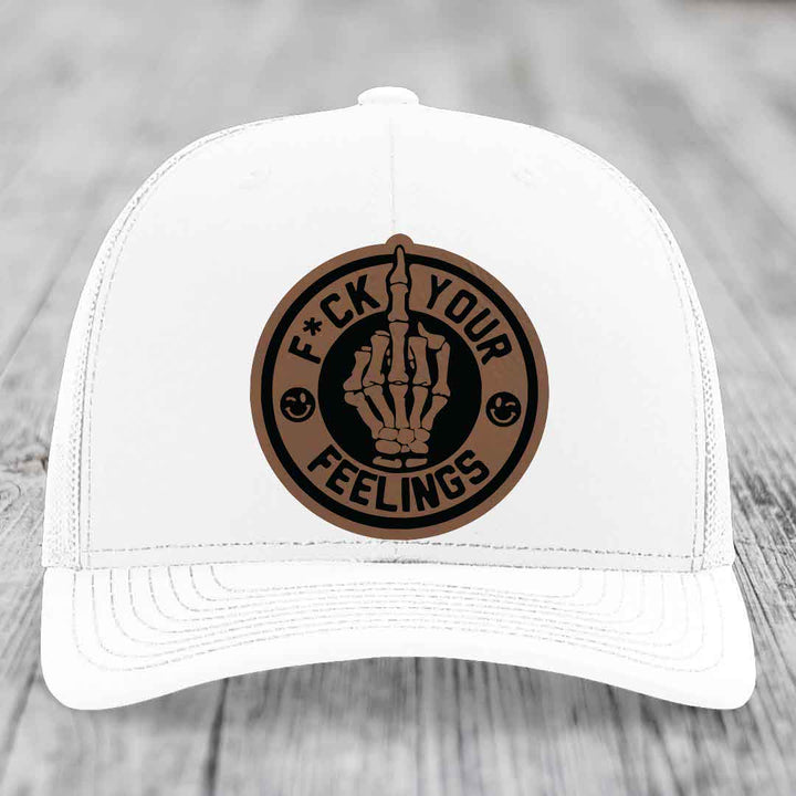 F*ck Your Feelings - Leather Patch Hat - Dark Brown to Black Patch - Richardson 112 Snapback Trucker Hat