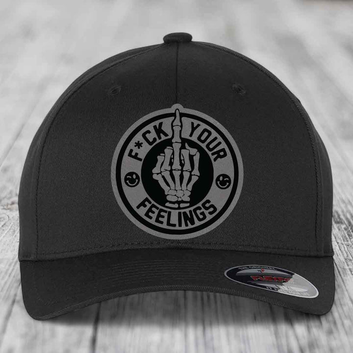 F*ck Your Feelings - Leather Patch Hat - Grey to Black Patch - Flexfit 6277 Fitted Hat