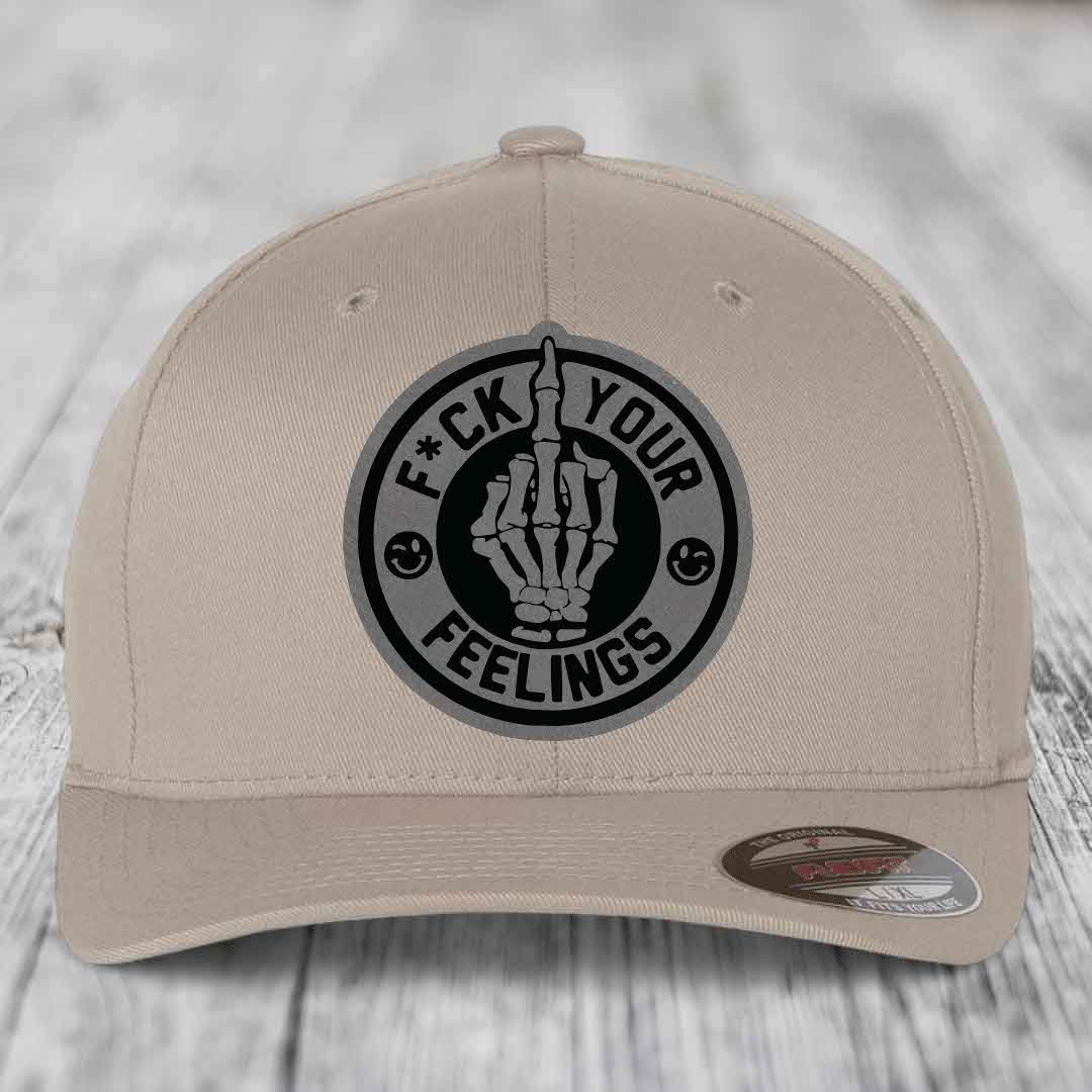 F*ck Your Feelings - Leather Patch Hat - Grey to Black Patch - Flexfit 6277 Fitted Hat