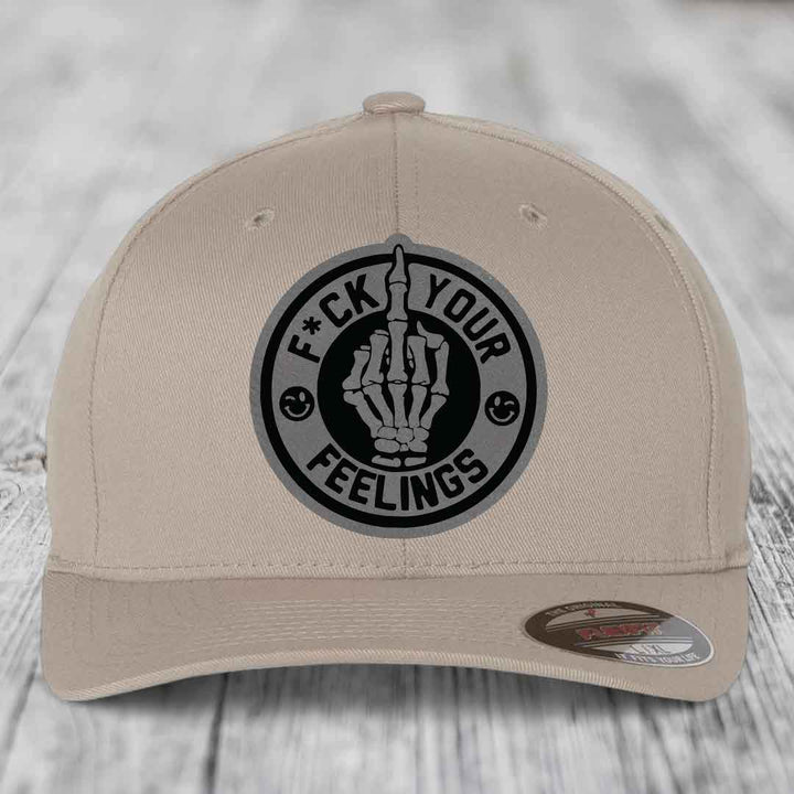 F*ck Your Feelings - Leather Patch Hat - Grey to Black Patch - Flexfit 6277 Fitted Hat