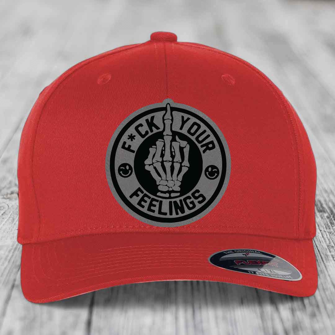 F*ck Your Feelings - Leather Patch Hat - Grey to Black Patch - Flexfit 6277 Fitted Hat