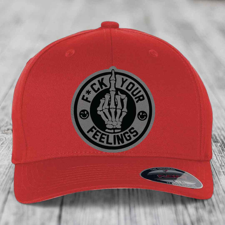 F*ck Your Feelings - Leather Patch Hat - Grey to Black Patch - Flexfit 6277 Fitted Hat
