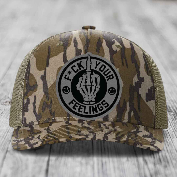 F*ck Your Feelings - Leather Patch Hat - Grey to Black Patch - Richardson 112PFP Snapback Trucker Hat
