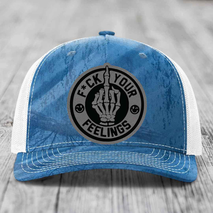 F*ck Your Feelings - Leather Patch Hat - Grey to Black Patch - Richardson 112PFP Snapback Trucker Hat