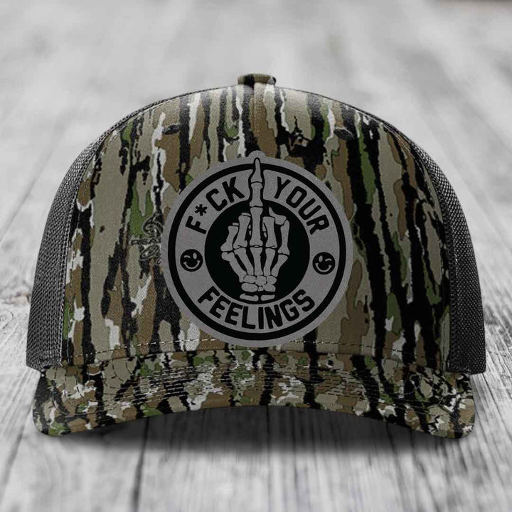 F*ck Your Feelings - Leather Patch Hat - Grey to Black Patch - Richardson 112PFP Snapback Trucker Hat