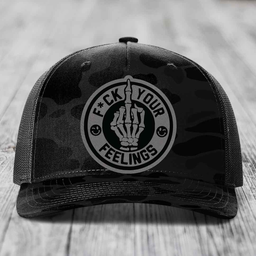 F*ck Your Feelings - Leather Patch Hat - Grey to Black Patch - Richardson 112PFP Snapback Trucker Hat