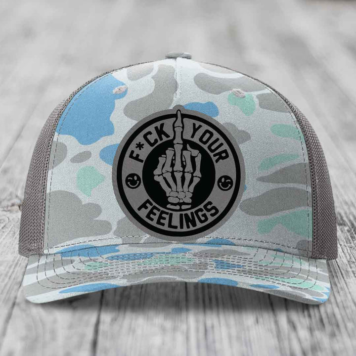 F*ck Your Feelings - Leather Patch Hat - Grey to Black Patch - Richardson 112PFP Snapback Trucker Hat