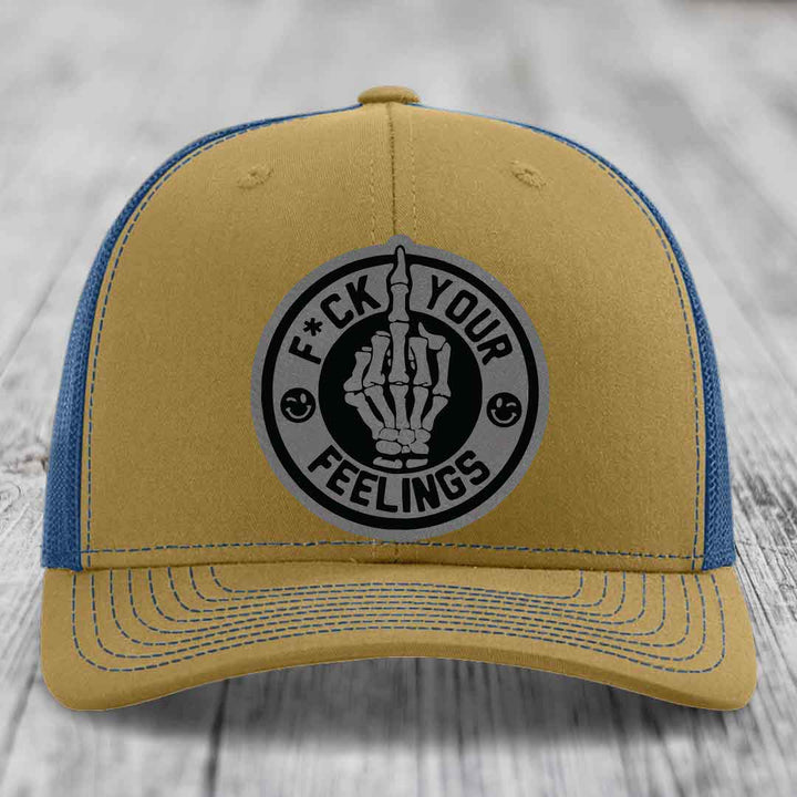 F*ck Your Feelings - Leather Patch Hat - Grey to Black Patch - Richardson 112 Snapback Trucker Hat