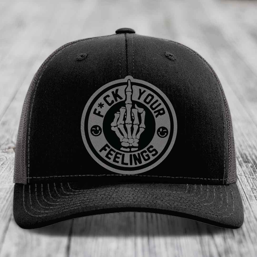 F*ck Your Feelings - Leather Patch Hat - Grey to Black Patch - Richardson 112 Snapback Trucker Hat