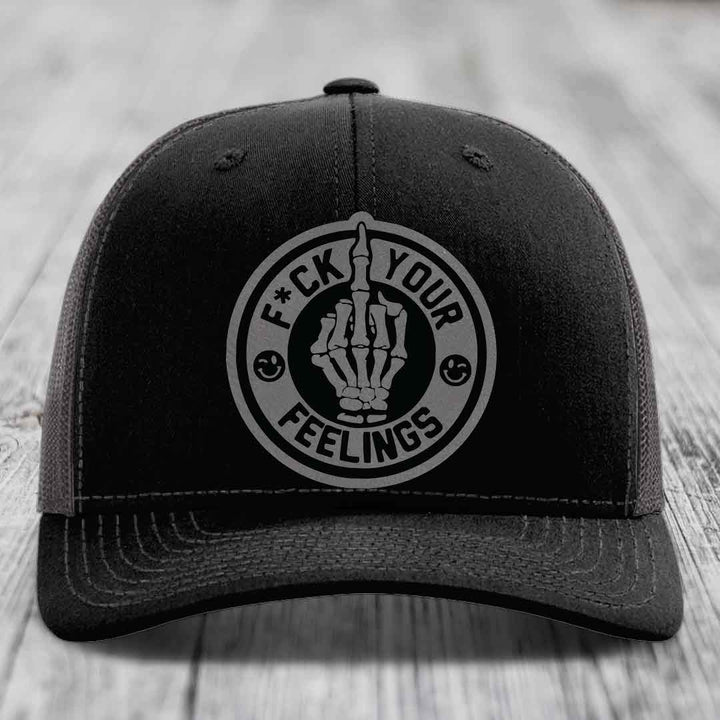 F*ck Your Feelings - Leather Patch Hat - Grey to Black Patch - Richardson 112 Snapback Trucker Hat