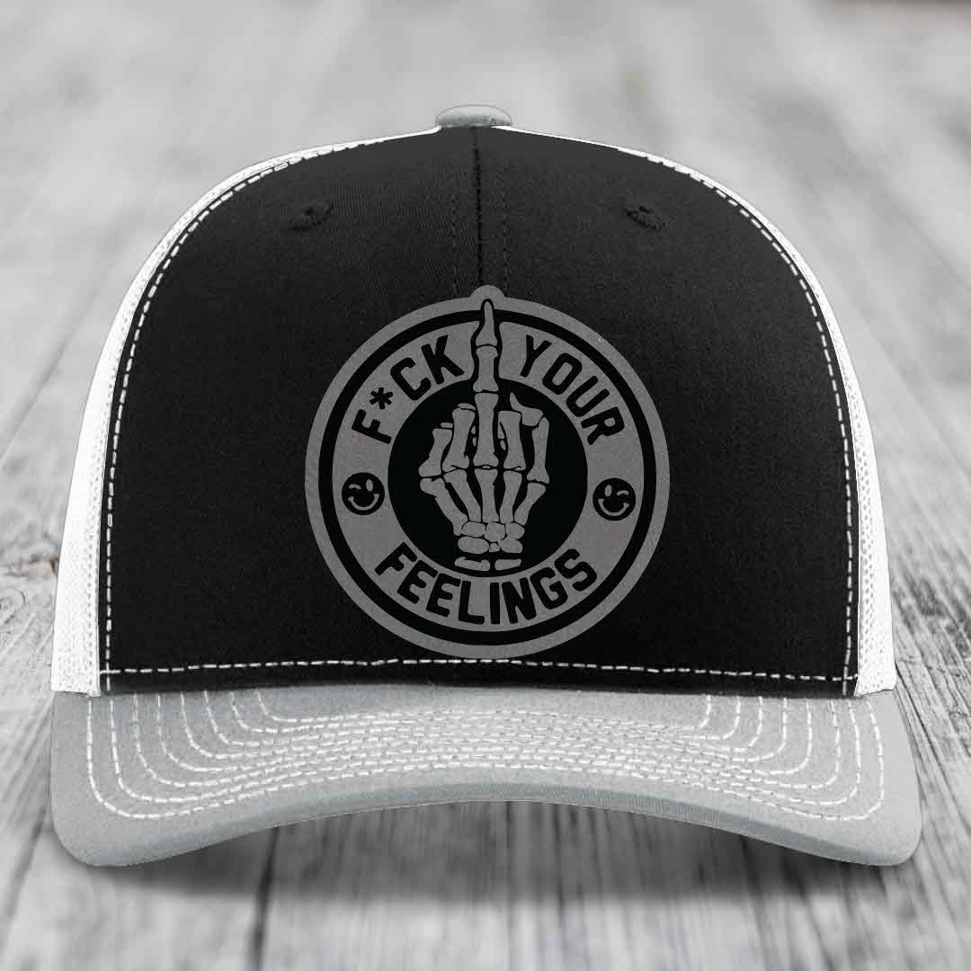 F*ck Your Feelings - Leather Patch Hat - Grey to Black Patch - Richardson 112 Snapback Trucker Hat
