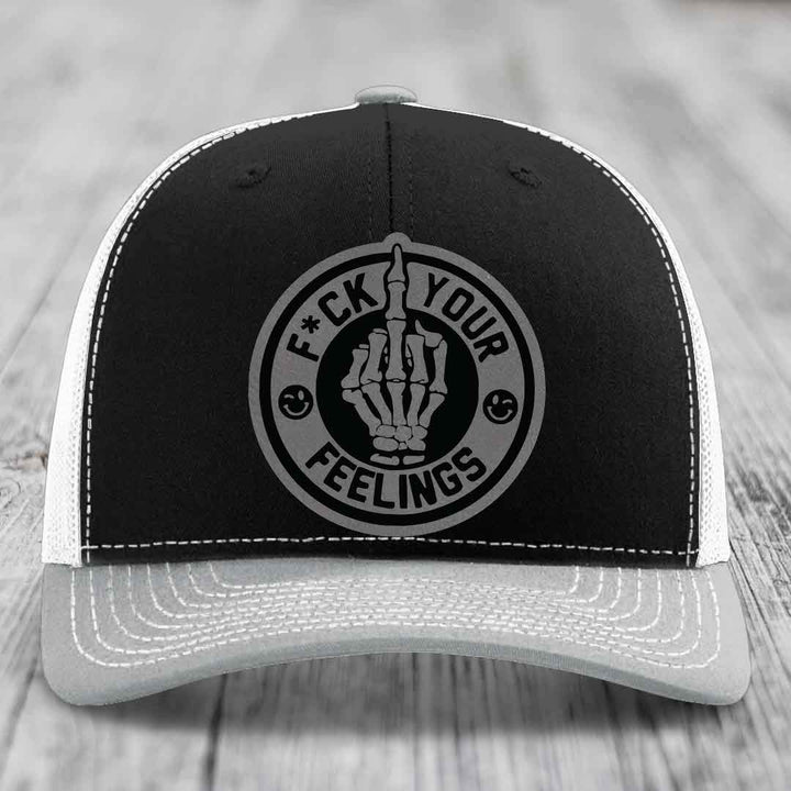 F*ck Your Feelings - Leather Patch Hat - Grey to Black Patch - Richardson 112 Snapback Trucker Hat