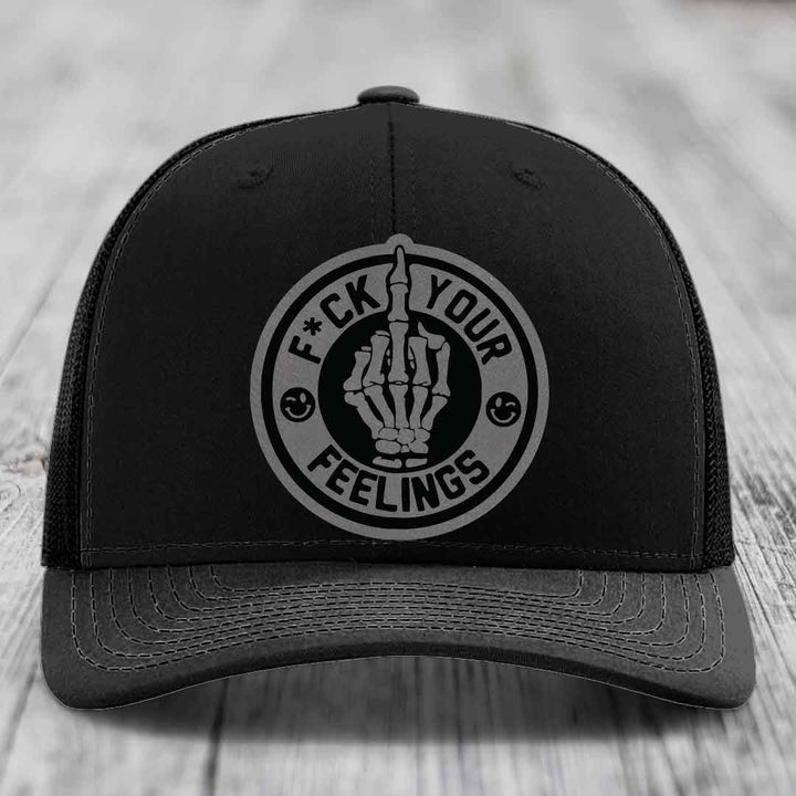 F*ck Your Feelings - Leather Patch Hat - Grey to Black Patch - Richardson 112 Snapback Trucker Hat
