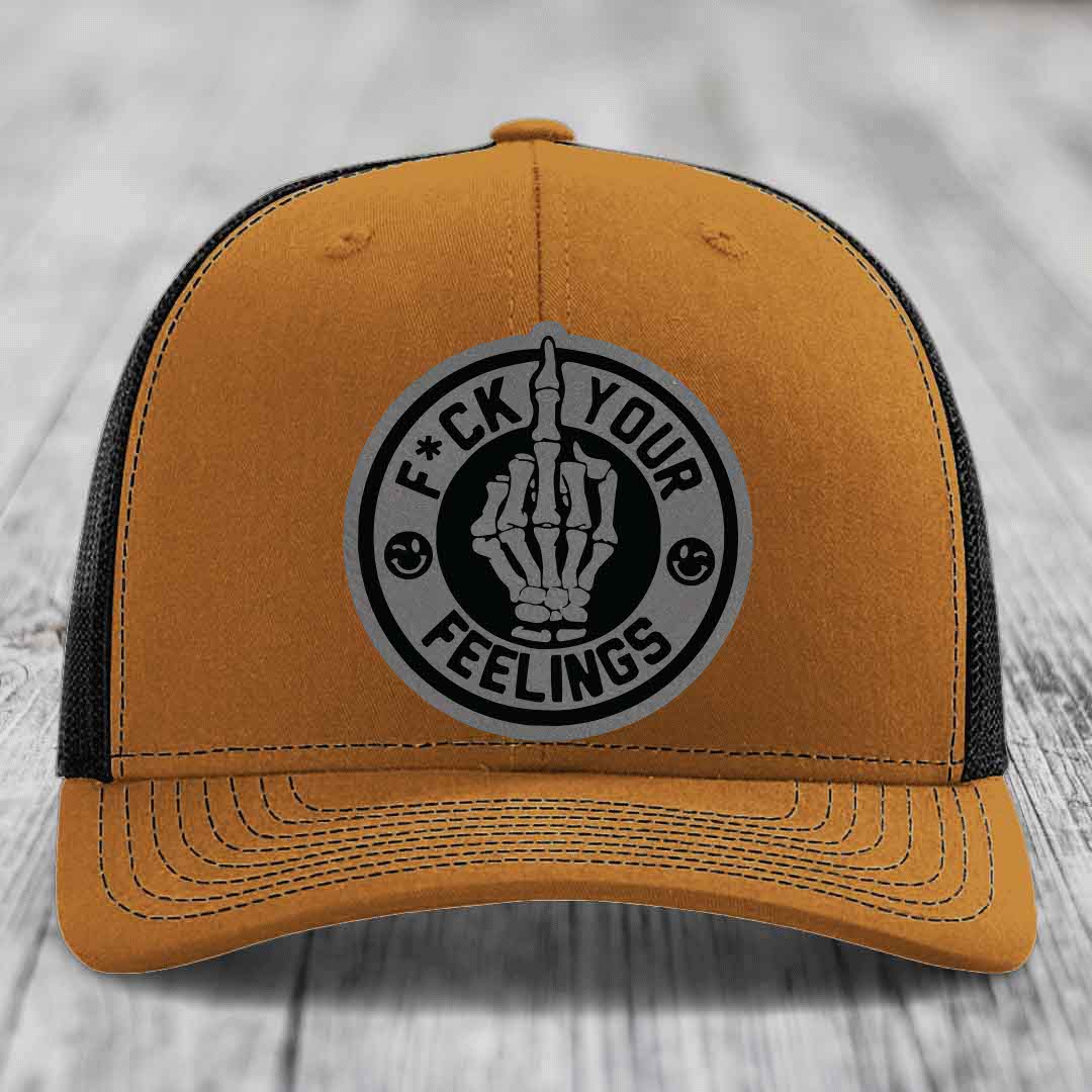 F*ck Your Feelings - Leather Patch Hat - Grey to Black Patch - Richardson 112 Snapback Trucker Hat