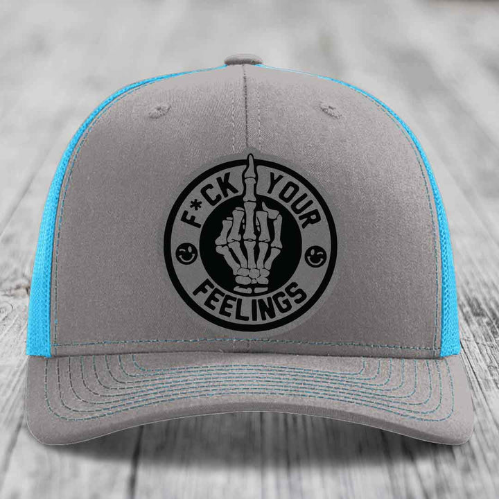 F*ck Your Feelings - Leather Patch Hat - Grey to Black Patch - Richardson 112 Snapback Trucker Hat