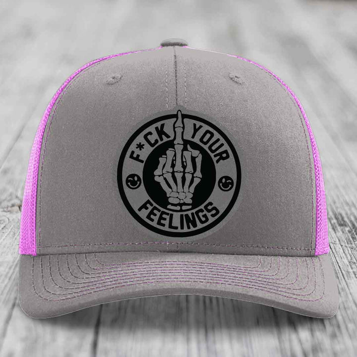 F*ck Your Feelings - Leather Patch Hat - Grey to Black Patch - Richardson 112 Snapback Trucker Hat
