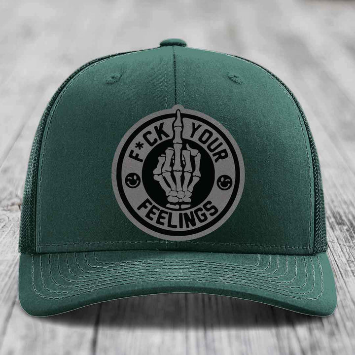 F*ck Your Feelings - Leather Patch Hat - Grey to Black Patch - Richardson 112 Snapback Trucker Hat