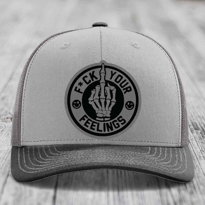 F*ck Your Feelings - Leather Patch Hat - Grey to Black Patch - Richardson 112 Snapback Trucker Hat