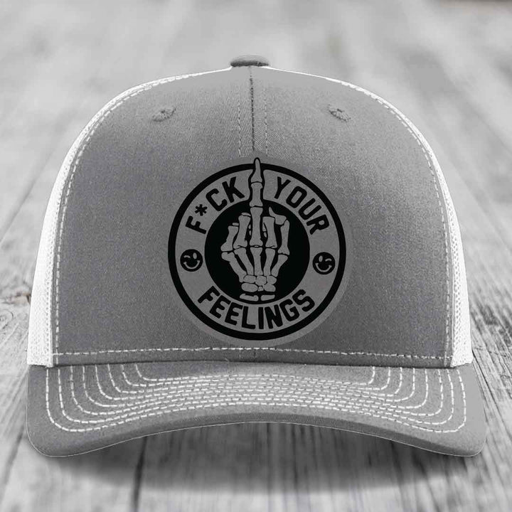 F*ck Your Feelings - Leather Patch Hat - Grey to Black Patch - Richardson 112 Snapback Trucker Hat