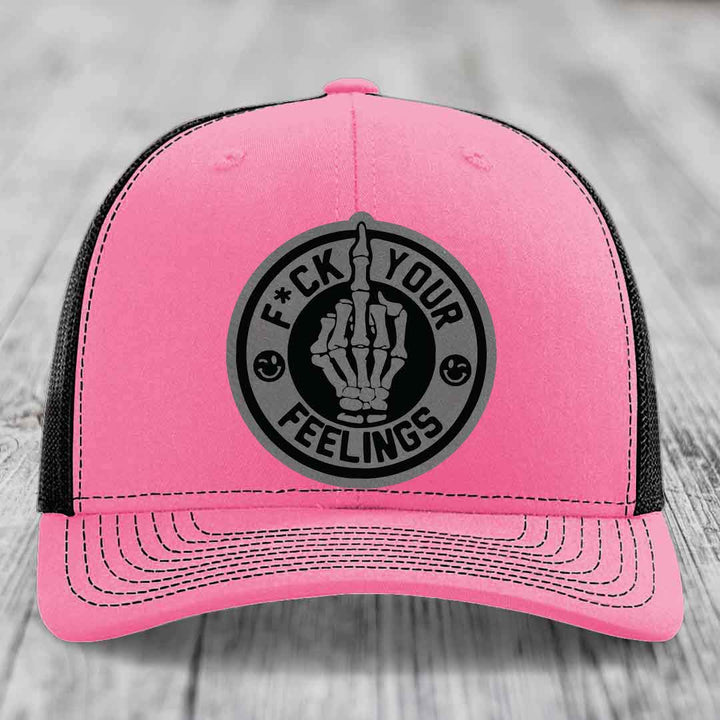 F*ck Your Feelings - Leather Patch Hat - Grey to Black Patch - Richardson 112 Snapback Trucker Hat