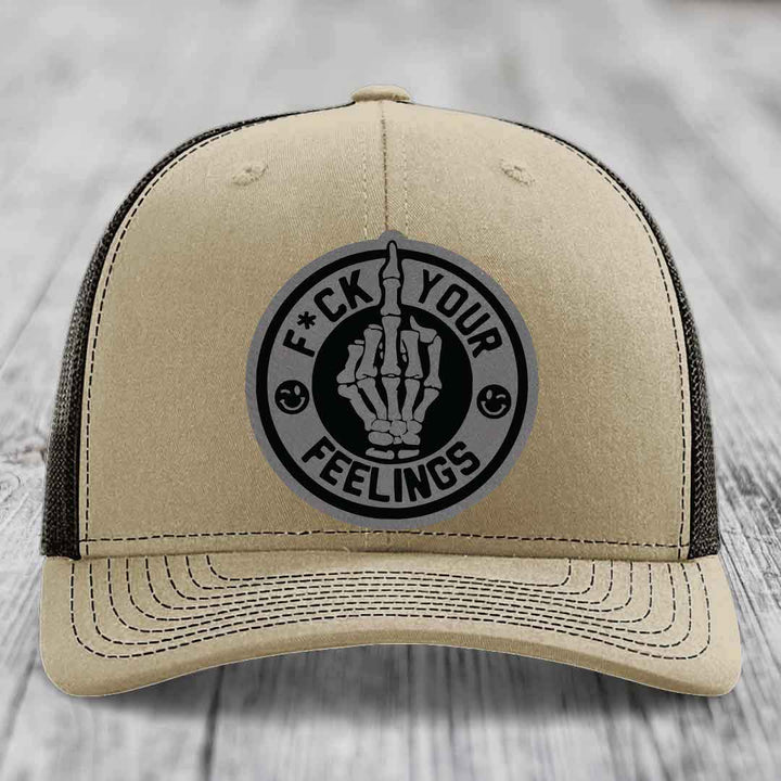 F*ck Your Feelings - Leather Patch Hat - Grey to Black Patch - Richardson 112 Snapback Trucker Hat