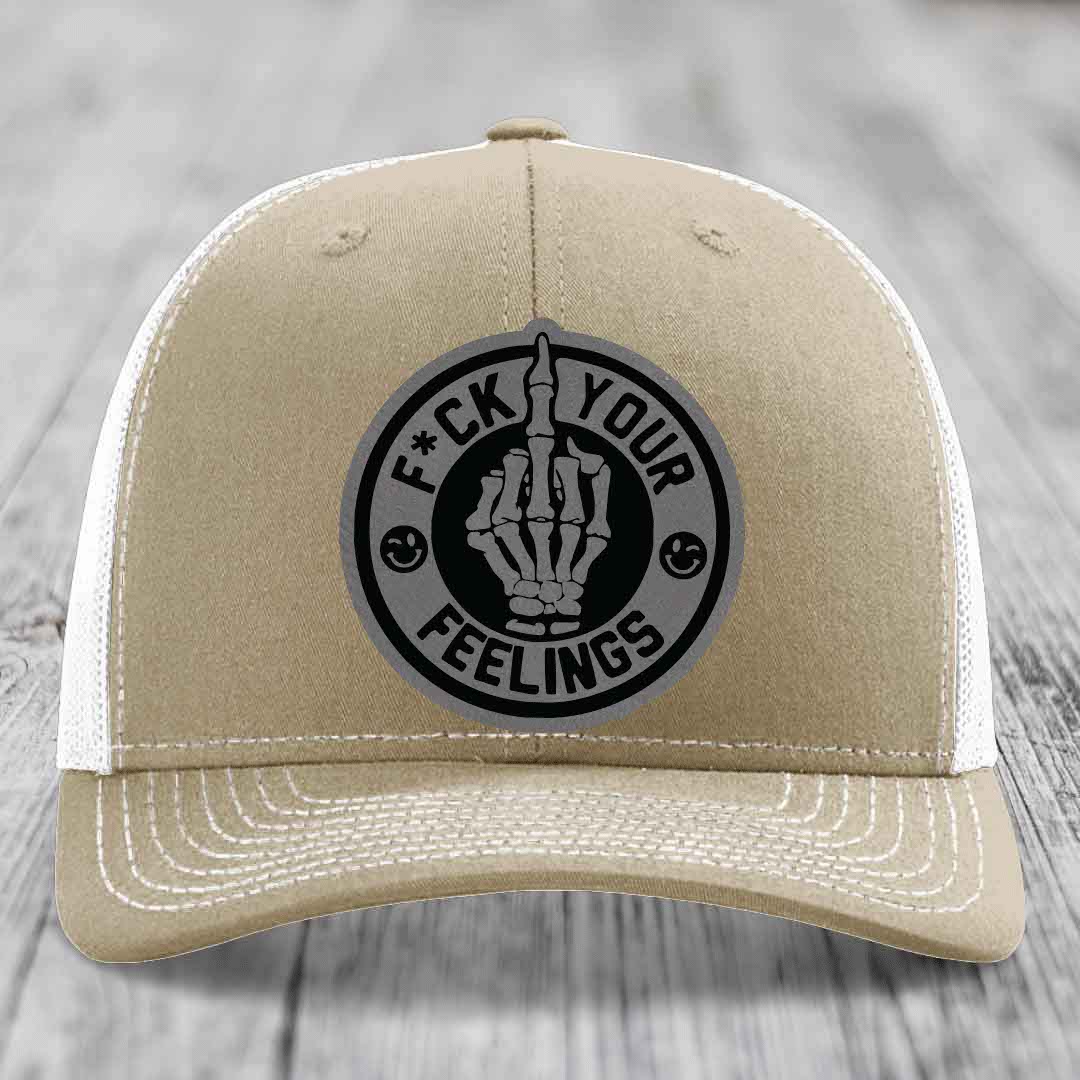 F*ck Your Feelings - Leather Patch Hat - Grey to Black Patch - Richardson 112 Snapback Trucker Hat