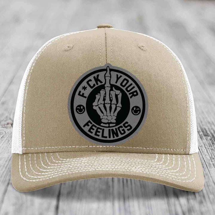 F*ck Your Feelings - Leather Patch Hat - Grey to Black Patch - Richardson 112 Snapback Trucker Hat