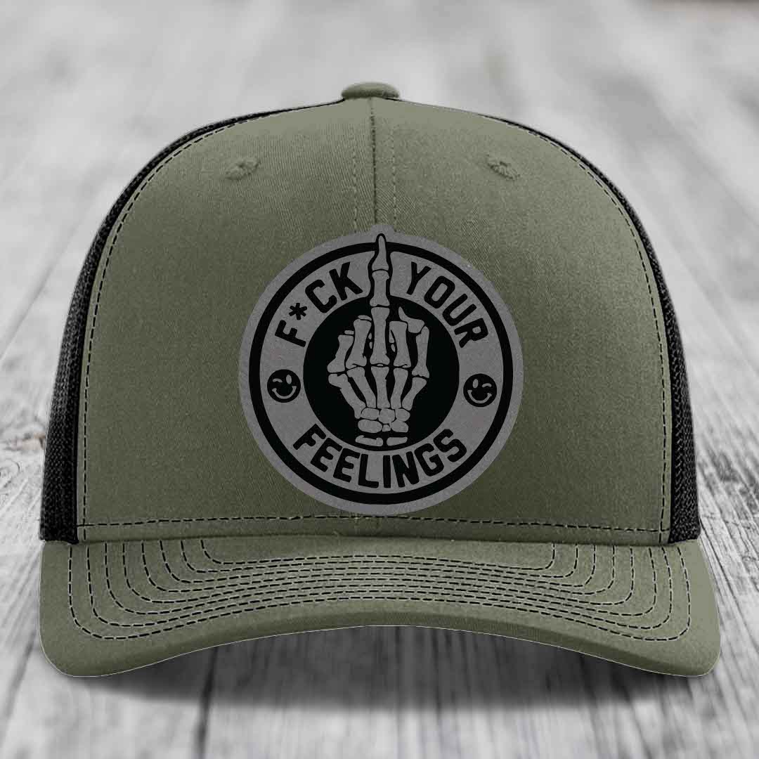 F*ck Your Feelings - Leather Patch Hat - Grey to Black Patch - Richardson 112 Snapback Trucker Hat