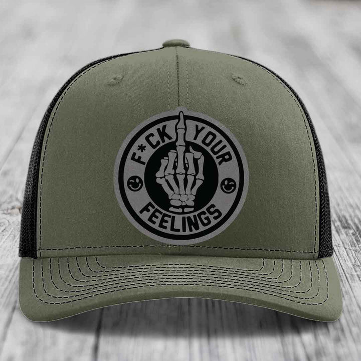 F*ck Your Feelings - Leather Patch Hat - Grey to Black Patch - Richardson 112 Snapback Trucker Hat
