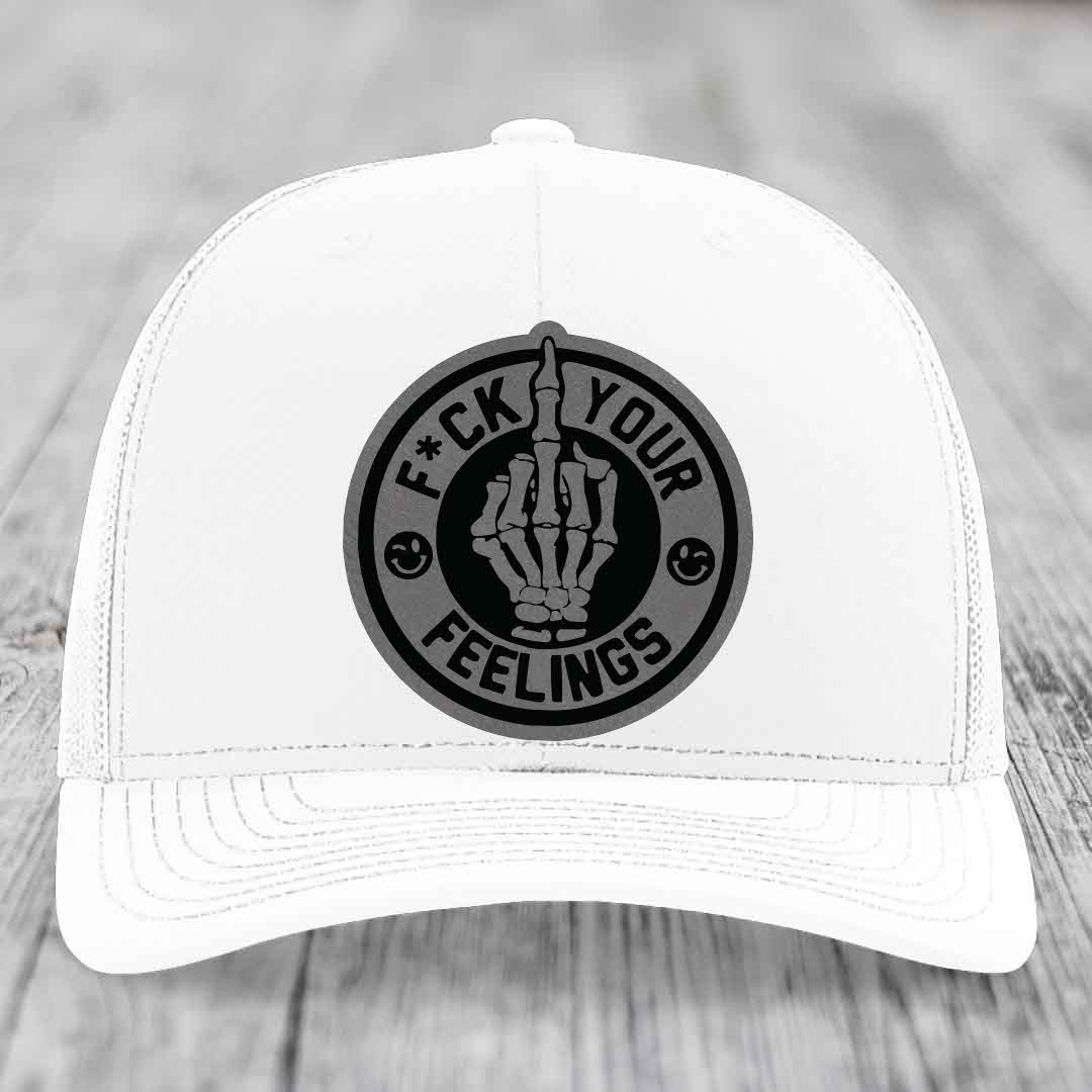 F*ck Your Feelings - Leather Patch Hat - Grey to Black Patch - Richardson 112 Snapback Trucker Hat