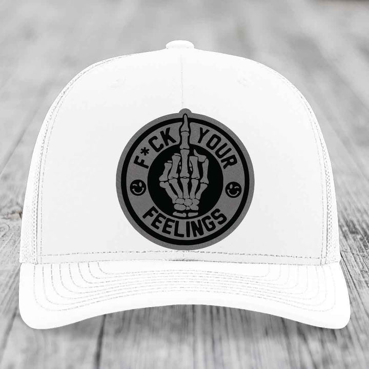 F*ck Your Feelings - Leather Patch Hat - Grey to Black Patch - Richardson 112 Snapback Trucker Hat