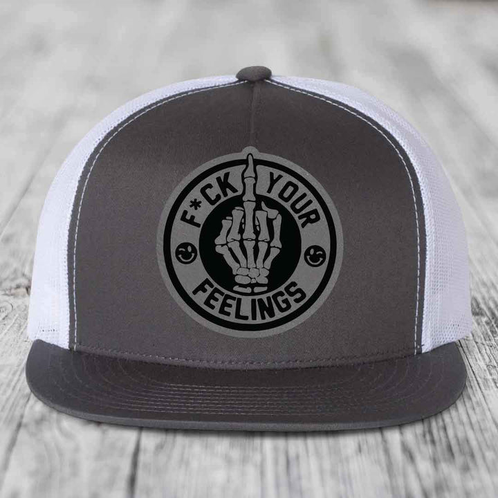 F*ck Your Feelings - Leather Patch Hat - Grey to Black Patch - Yupoong 6006 Snapback Flatbill Hat