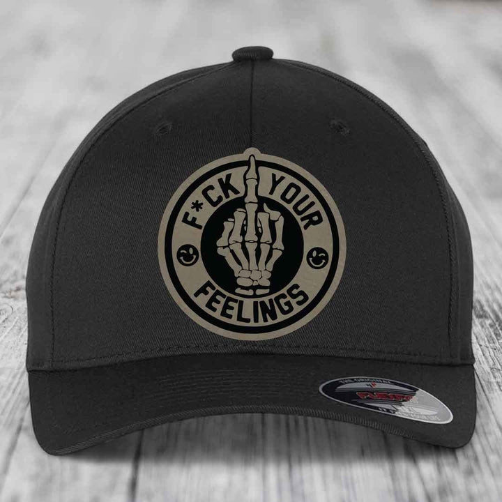 F*ck Your Feelings - Leather Patch Hat - Light Brown to Black Patch - Flexfit 6277 Fitted Hat