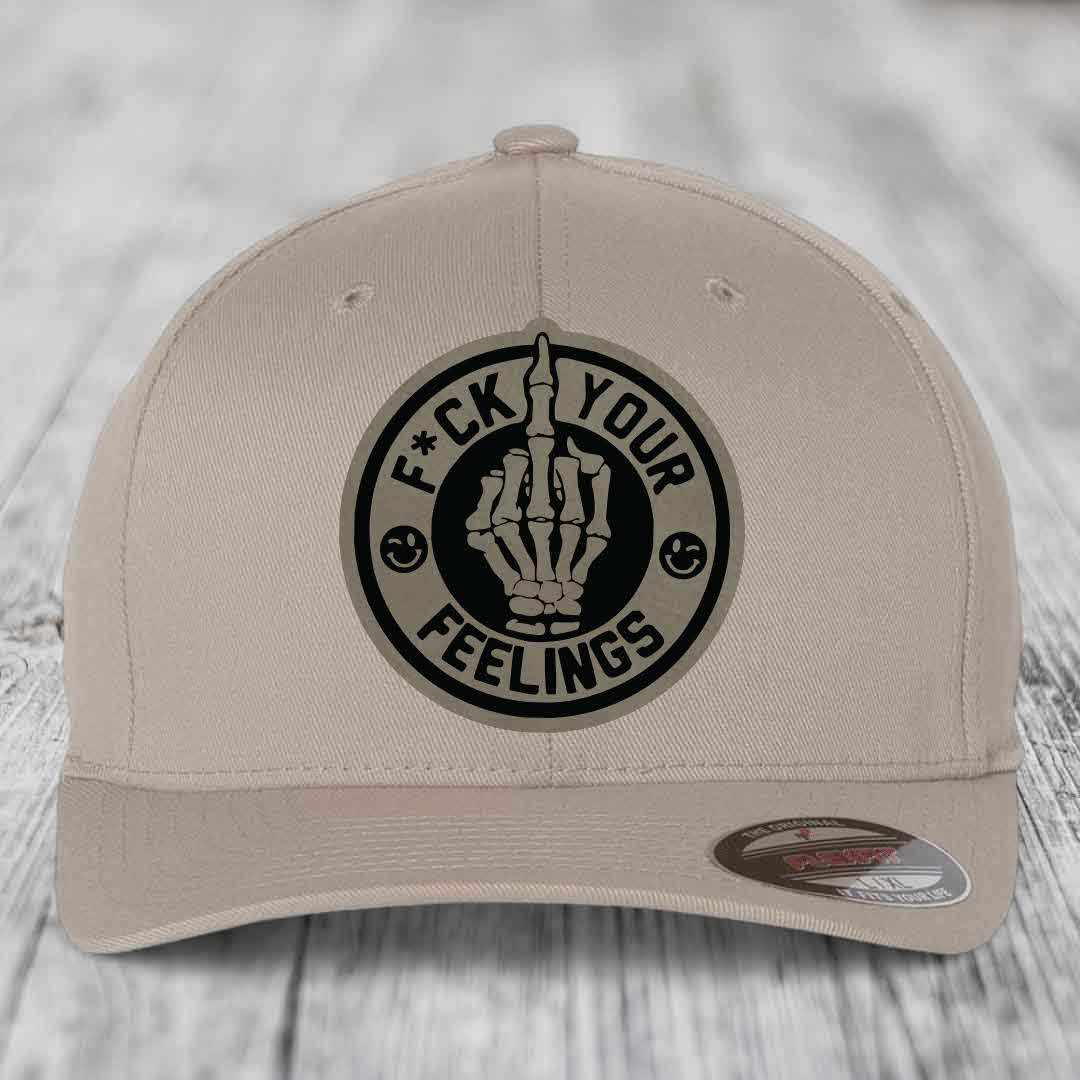 F*ck Your Feelings - Leather Patch Hat - Light Brown to Black Patch - Flexfit 6277 Fitted Hat