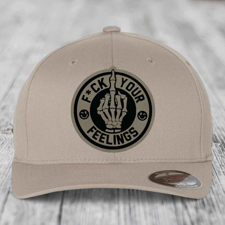 F*ck Your Feelings - Leather Patch Hat - Light Brown to Black Patch - Flexfit 6277 Fitted Hat