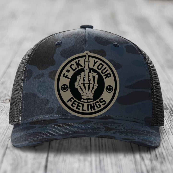 F*ck Your Feelings - Leather Patch Hat - Light Brown to Black Patch - Richardson 112PFP Snapback Trucker Hat