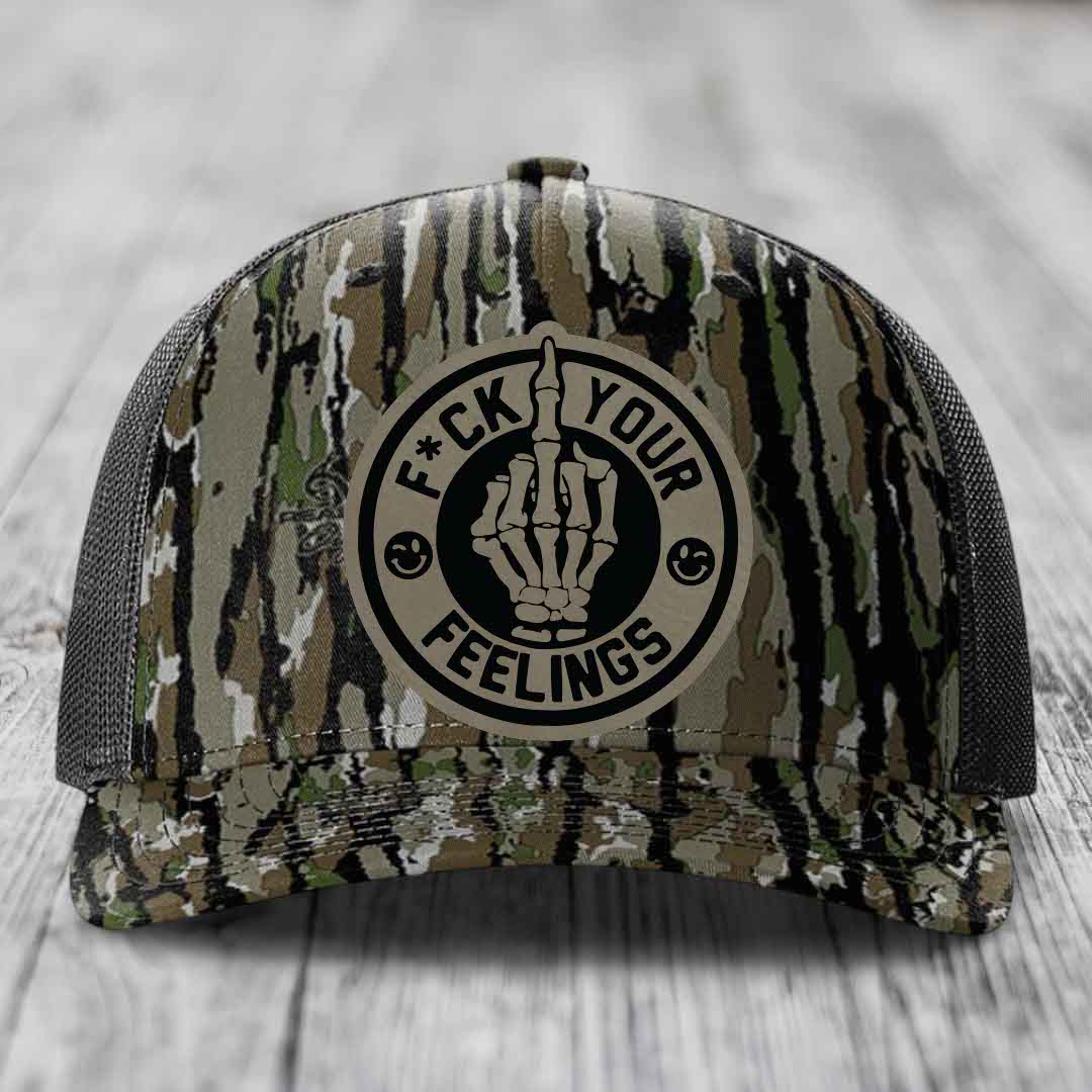 F*ck Your Feelings - Leather Patch Hat - Light Brown to Black Patch - Richardson 112PFP Snapback Trucker Hat
