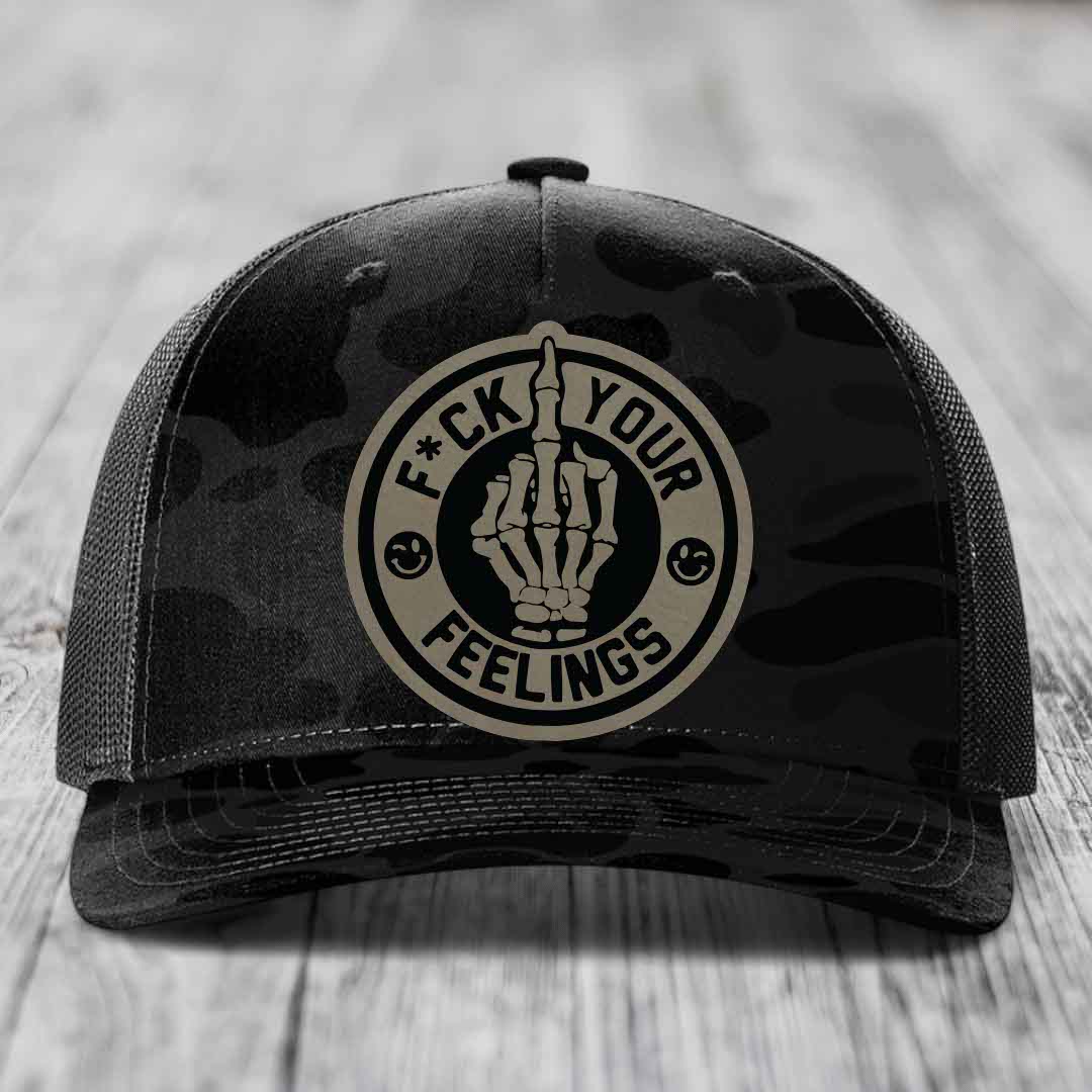 F*ck Your Feelings - Leather Patch Hat - Light Brown to Black Patch - Richardson 112PFP Snapback Trucker Hat