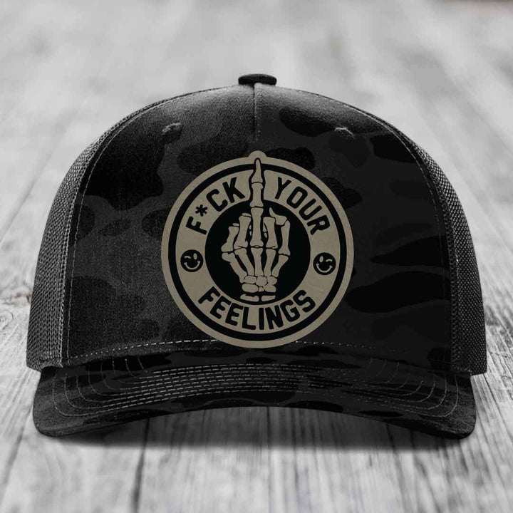 F*ck Your Feelings - Leather Patch Hat - Light Brown to Black Patch - Richardson 112PFP Snapback Trucker Hat