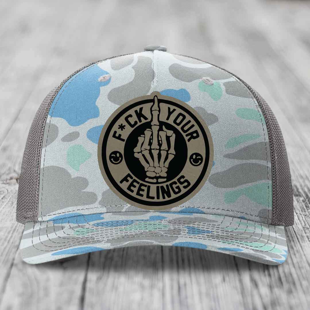 F*ck Your Feelings - Leather Patch Hat - Light Brown to Black Patch - Richardson 112PFP Snapback Trucker Hat