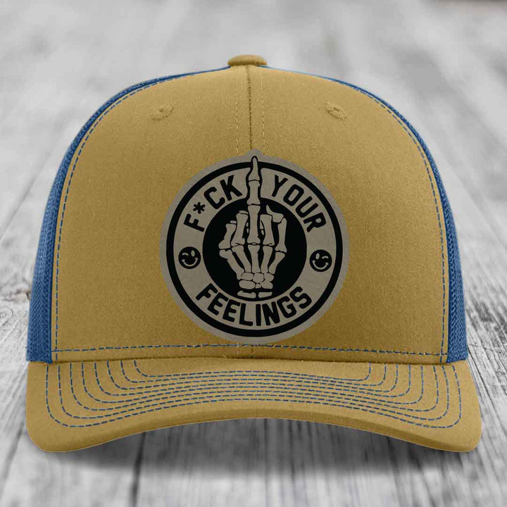 F*ck Your Feelings - Leather Patch Hat - Light Brown to Black Patch - Richardson 112 Snapback Trucker Hat