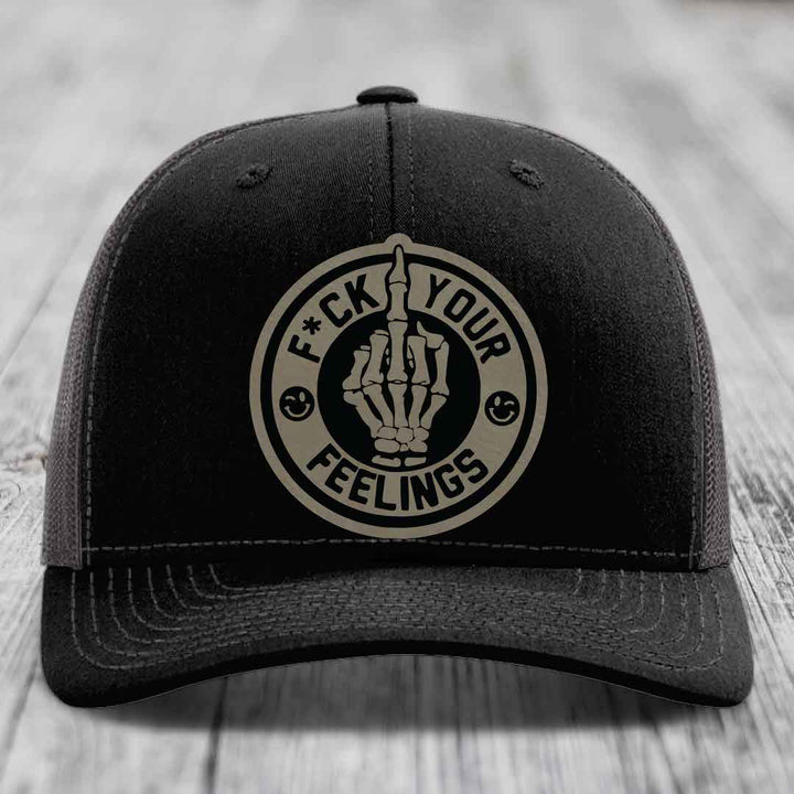 F*ck Your Feelings - Leather Patch Hat - Light Brown to Black Patch - Richardson 112 Snapback Trucker Hat