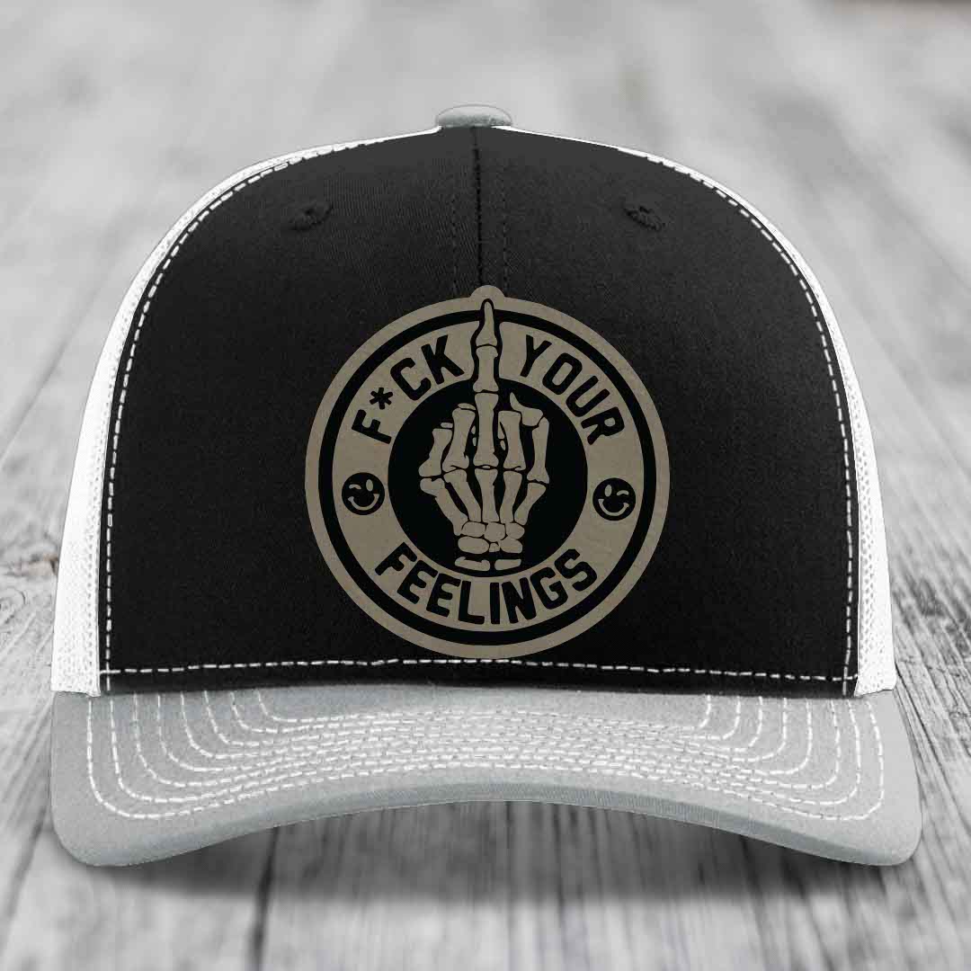 F*ck Your Feelings - Leather Patch Hat - Light Brown to Black Patch - Richardson 112 Snapback Trucker Hat