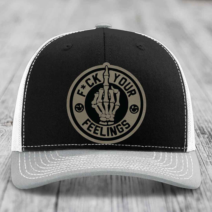 F*ck Your Feelings - Leather Patch Hat - Light Brown to Black Patch - Richardson 112 Snapback Trucker Hat