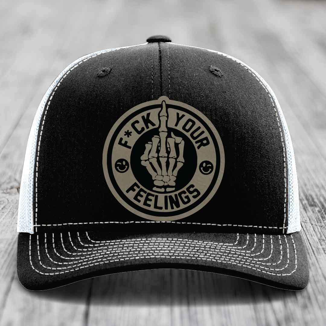 F*ck Your Feelings - Leather Patch Hat - Light Brown to Black Patch - Richardson 112 Snapback Trucker Hat