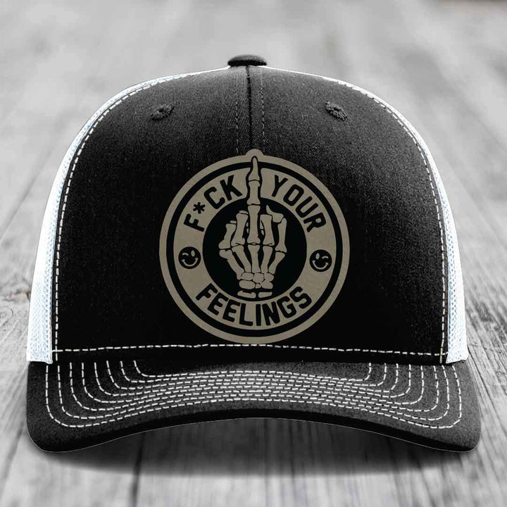 F*ck Your Feelings - Leather Patch Hat - Light Brown to Black Patch - Richardson 112 Snapback Trucker Hat