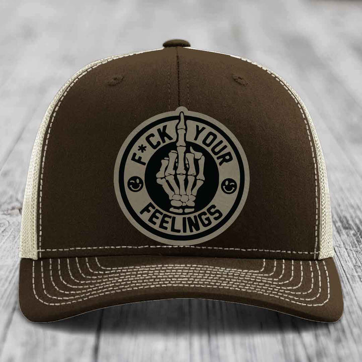 F*ck Your Feelings - Leather Patch Hat - Light Brown to Black Patch - Richardson 112 Snapback Trucker Hat