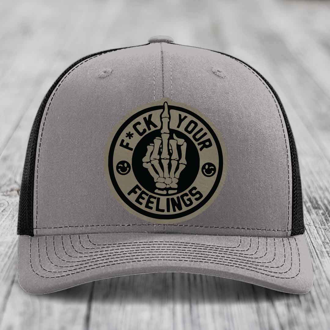 F*ck Your Feelings - Leather Patch Hat - Light Brown to Black Patch - Richardson 112 Snapback Trucker Hat