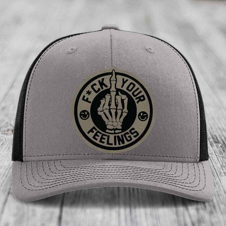 F*ck Your Feelings - Leather Patch Hat - Light Brown to Black Patch - Richardson 112 Snapback Trucker Hat